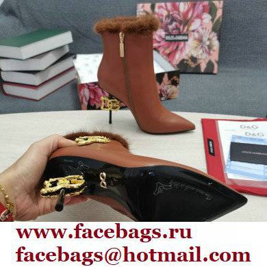 Dolce  &  Gabbana Mink Fur Thin Heel 10.5cm Leather Ankle Boots Brown with Baroque DG Heel 2021